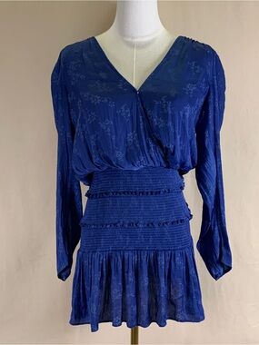 Blue Life Blue Floral Jacquard Wrap Mini Dress Smocked Waist Size S
